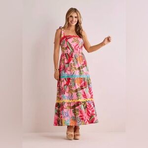 Avara Susana Floral Maxi Dress Womens Large Pink Smocked Tie Tropical Resort NEW